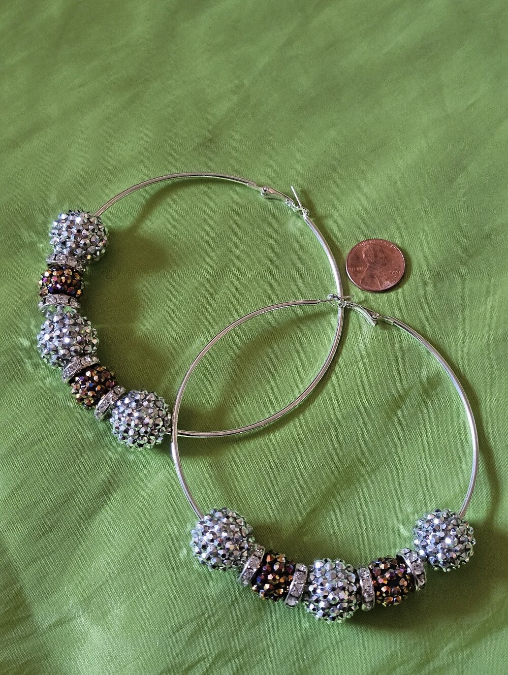Bead Large Hoop  Earrings,Silver Tone